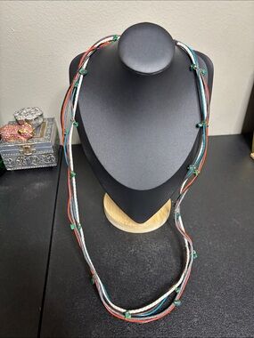 Multi-Strand Leather Turquoise Beaded Necklace in Green, Silver, Teal & Red